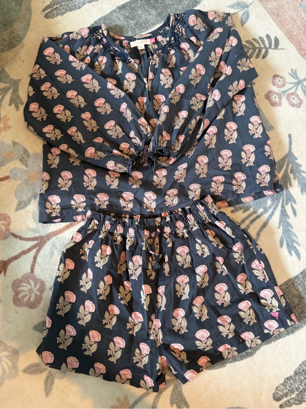 Pink Chicken Navy Floral Two-Piece Pajama Set with Pink Rose Motif